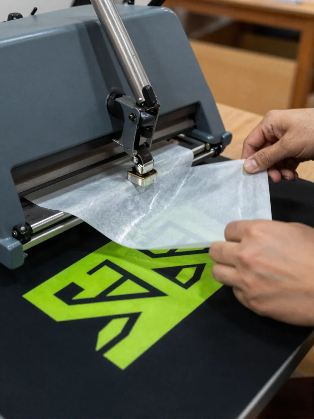 Estampado de una remera negra con prensa térmica en el taller de Vértice Crew